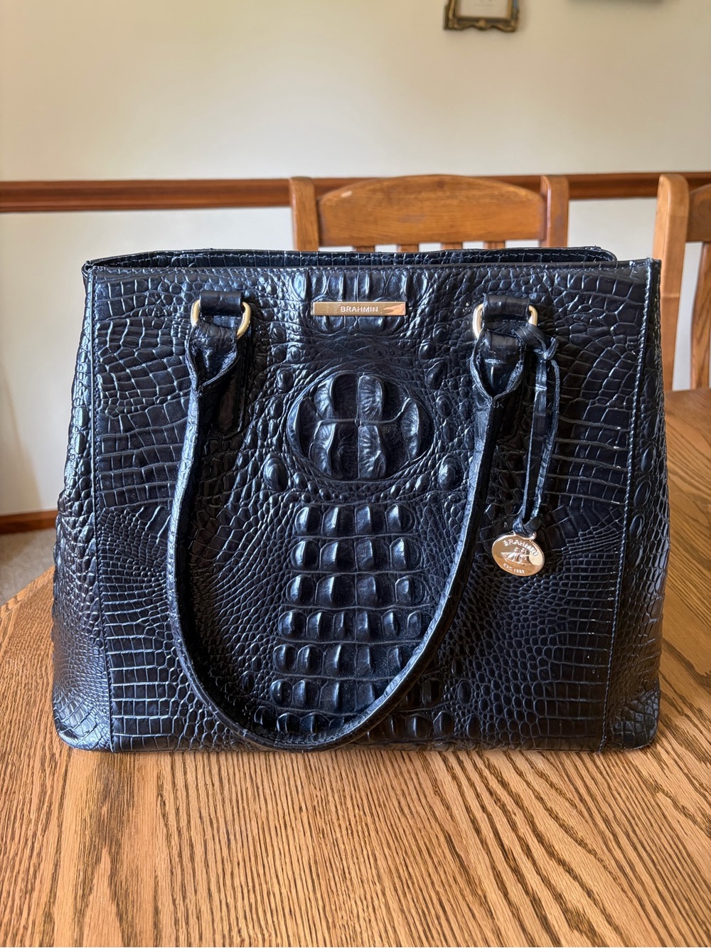 Brahmin Black Croc-Embossed Satchel with Gold Hardware